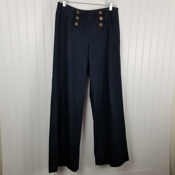 Nautical Wide Leg Pants Denim Stretch Faux Gold Button Blue Lightweight Size 6 - Picture 9 of 9